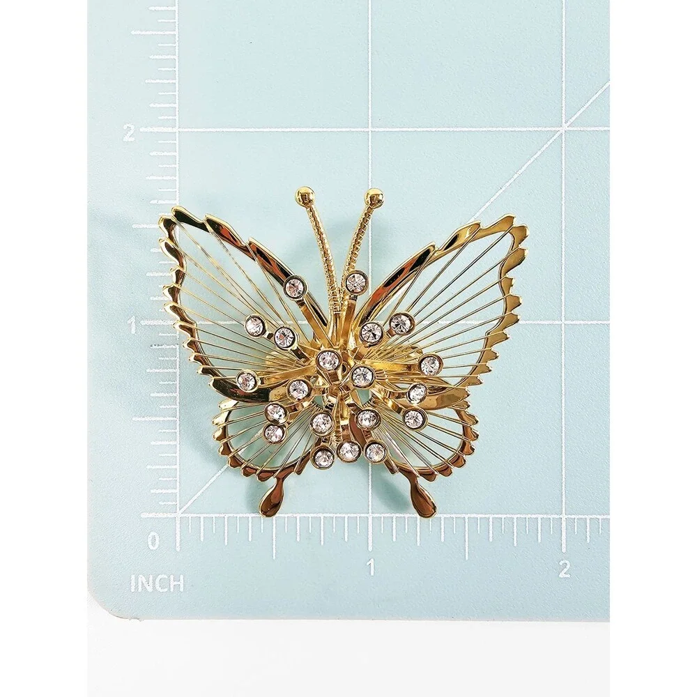 Vintage Monet Butterfly Brooch Pin Gold Tone Clear Rhinestones Open Wire